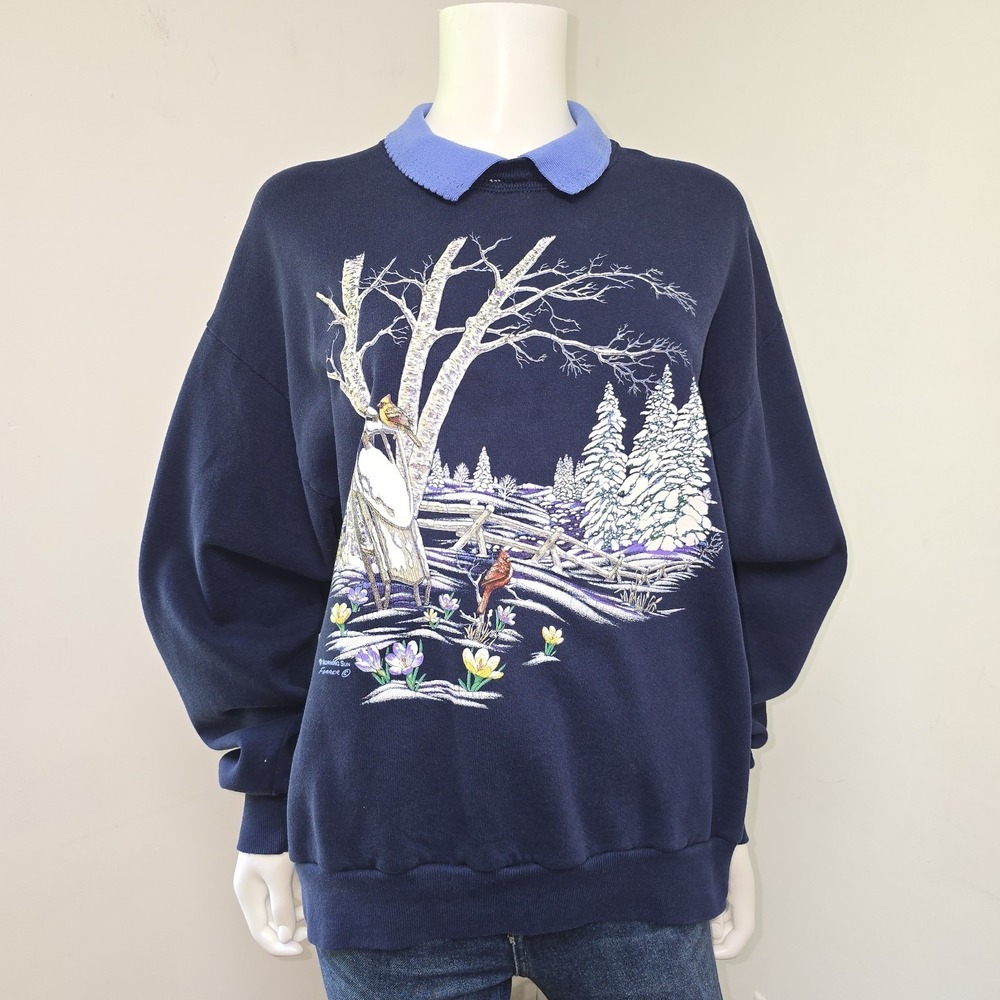 Morning Sun Jerzees Sweatshirt Pullover Size L Vintage Winter Scene Birds Womens
